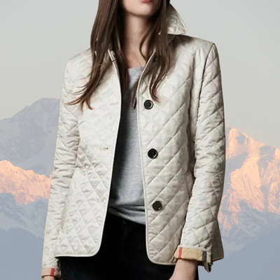 Women’s Quilted Jacket – Tailored Fit – Diamond Pattern – High Collar – Button Front