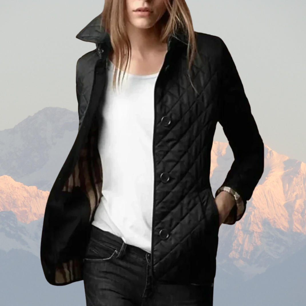 Women’s Quilted Jacket – Tailored Fit – Diamond Pattern – High Collar – Button Front
