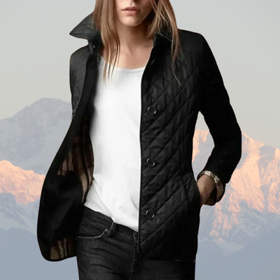 Women’s Quilted Jacket – Tailored Fit – Diamond Pattern – High Collar – Button Front