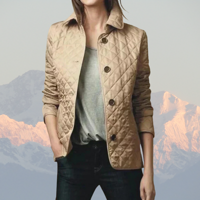 Women’s Quilted Jacket – Tailored Fit – Diamond Pattern – High Collar – Button Front