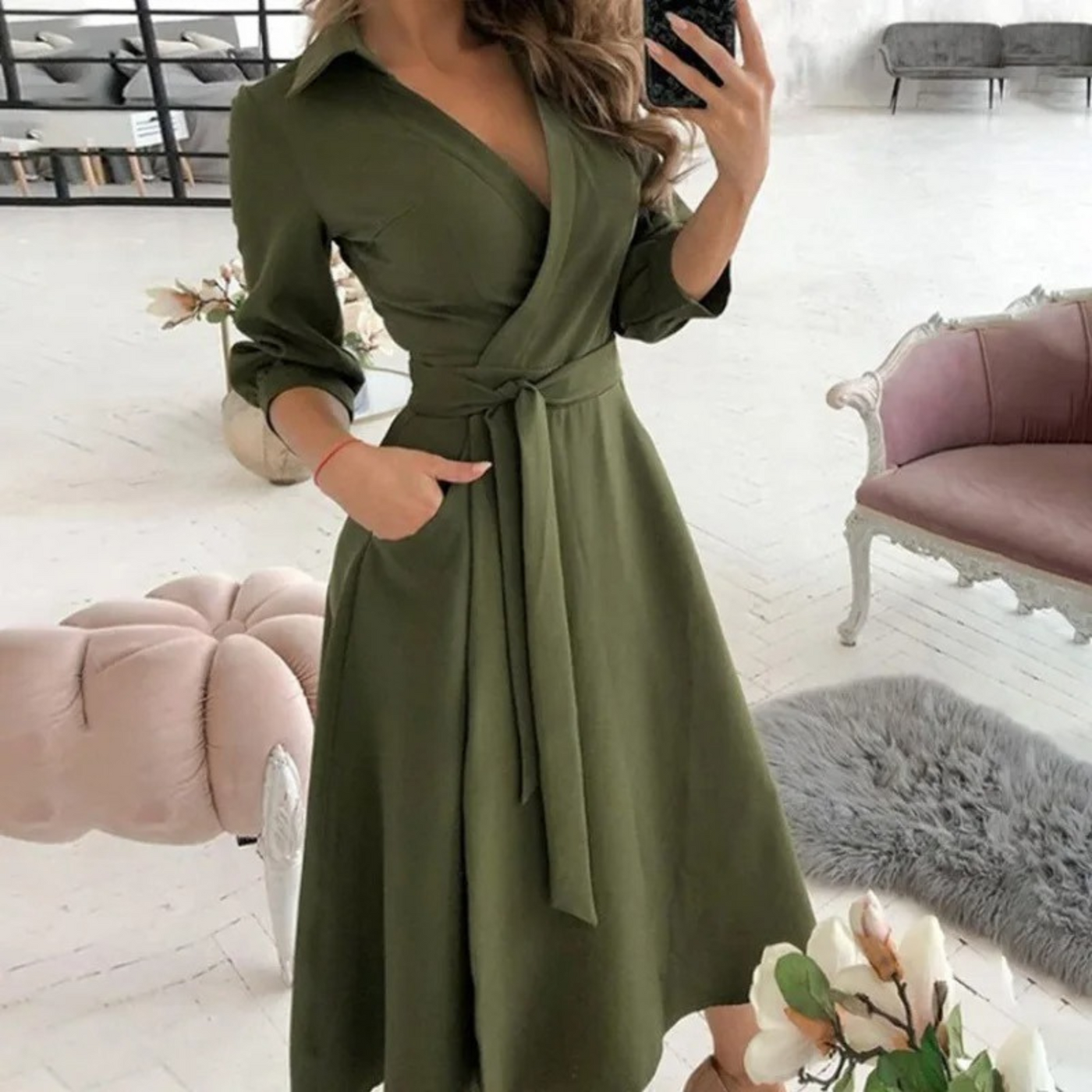 Belted Wrap Midi Dress – Elegant, All-Season Comfort with Tailored Fit & Timeless Style