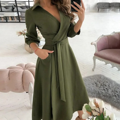 Belted Wrap Midi Dress – Elegant, All-Season Comfort with Tailored Fit & Timeless Style