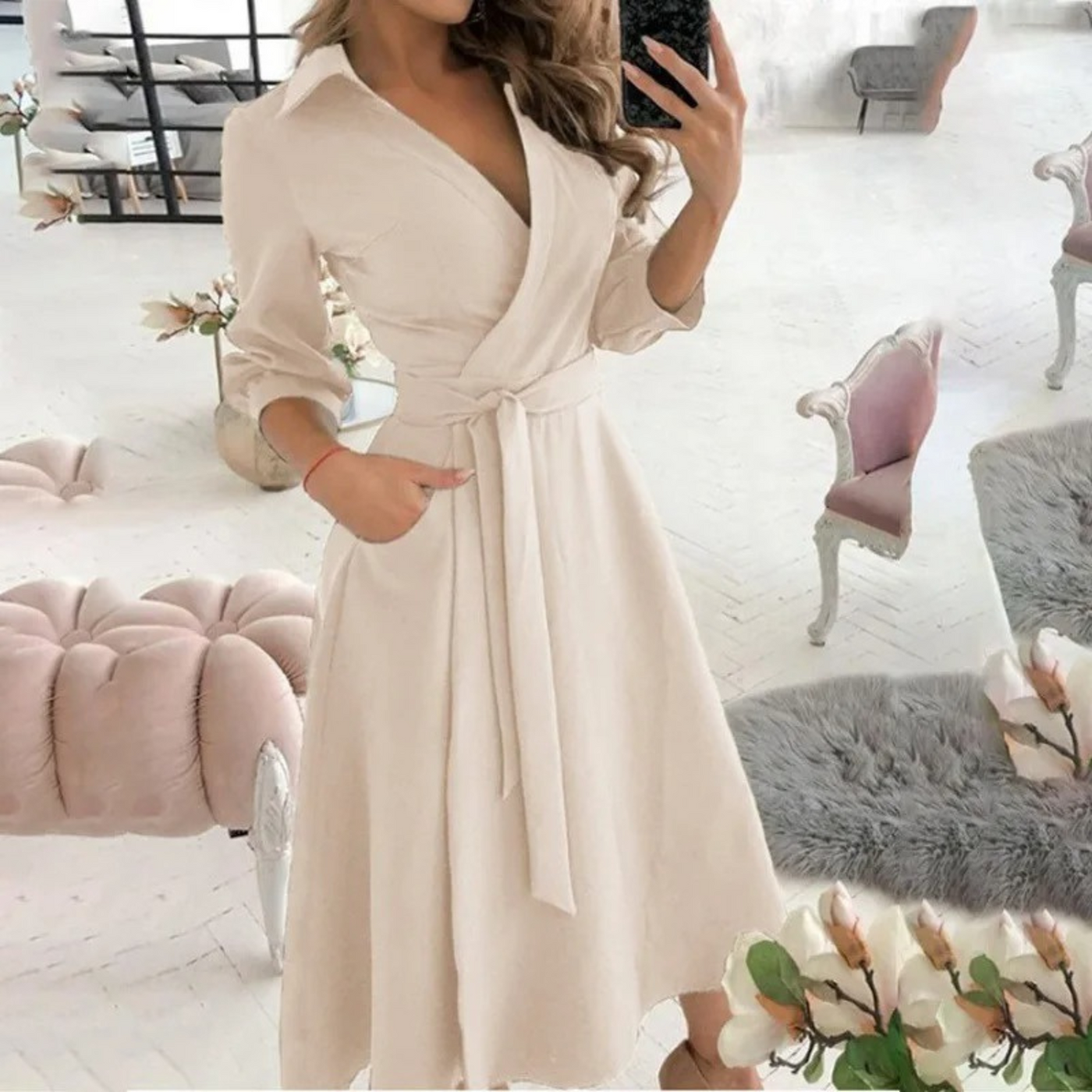 Belted Wrap Midi Dress – Elegant, All-Season Comfort with Tailored Fit & Timeless Style