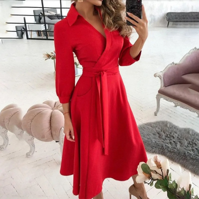 Belted Wrap Midi Dress – Elegant, All-Season Comfort with Tailored Fit & Timeless Style