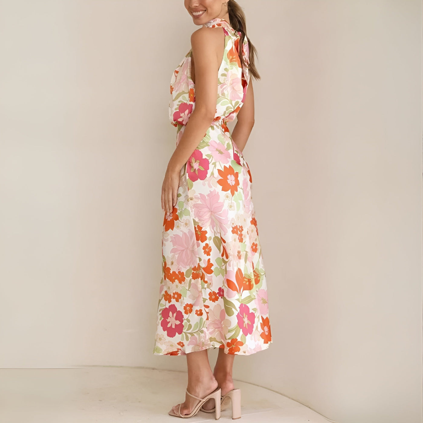 Women's Halter Midi Dress - Draped Asymmetrical Design - Elegant Floral Print