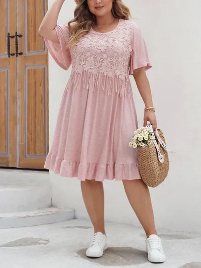 Women's A-Line Dress - Lace Embroidery - Short Flutter Sleeve - Ruffle Hem Casual Wear