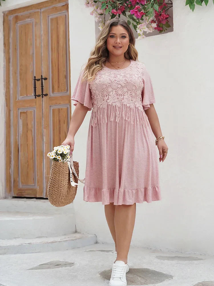 Women's A-Line Dress - Lace Embroidery - Short Flutter Sleeve - Ruffle Hem Casual Wear
