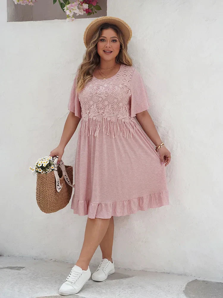 Women's A-Line Dress - Lace Embroidery - Short Flutter Sleeve - Ruffle Hem Casual Wear