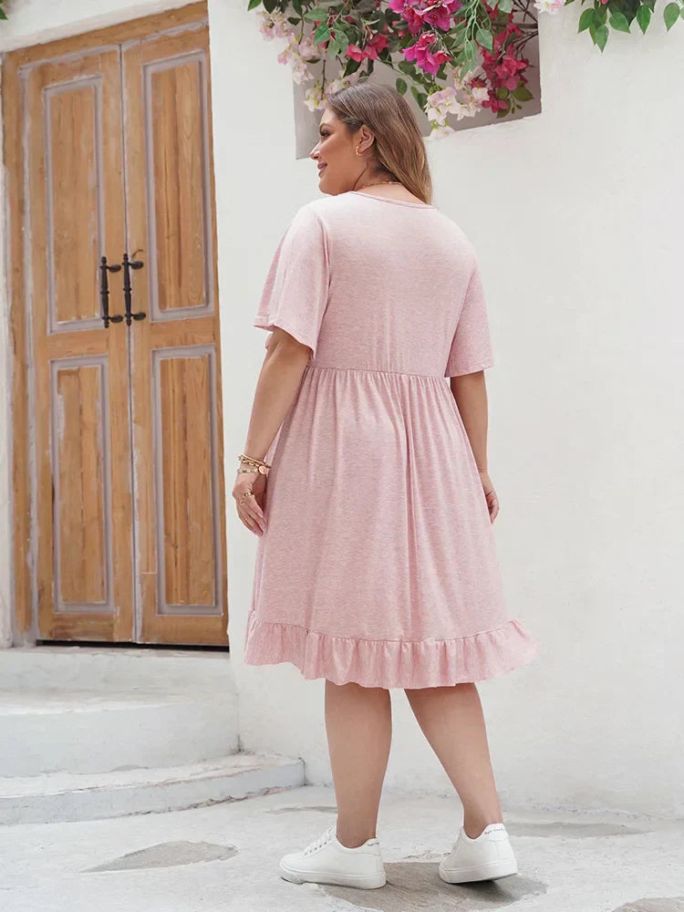 Women's A-Line Dress - Lace Embroidery - Short Flutter Sleeve - Ruffle Hem Casual Wear