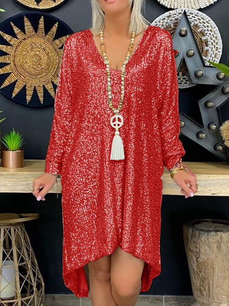 Women’s Party Dress – Sequin Embellished – Loose Fit – V-Neck – Long Sleeve – Asymmetrical Hem