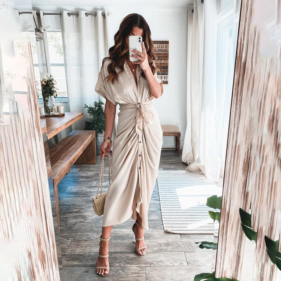 Women's Shirt Dress - Button Down - Waist Tie - Short Sleeve Flowy Midi Length