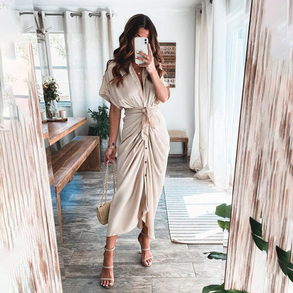 Women's Shirt Dress - Button Down - Waist Tie - Short Sleeve Flowy Midi Length