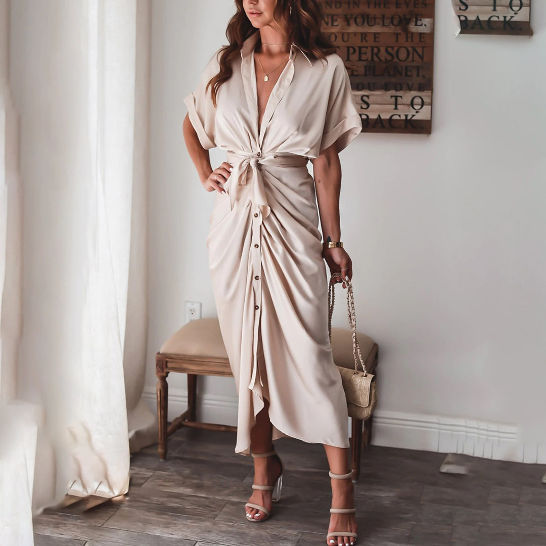 Women's Shirt Dress - Button Down - Waist Tie - Short Sleeve Flowy Midi Length