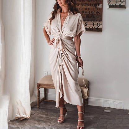 Women's Shirt Dress - Button Down - Waist Tie - Short Sleeve Flowy Midi Length