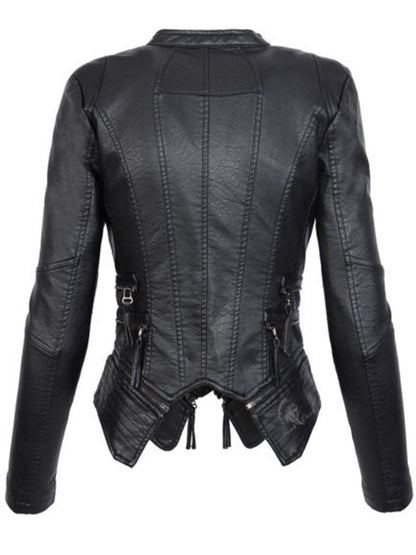 Women's black motorcycle jacket with a stand-up collar