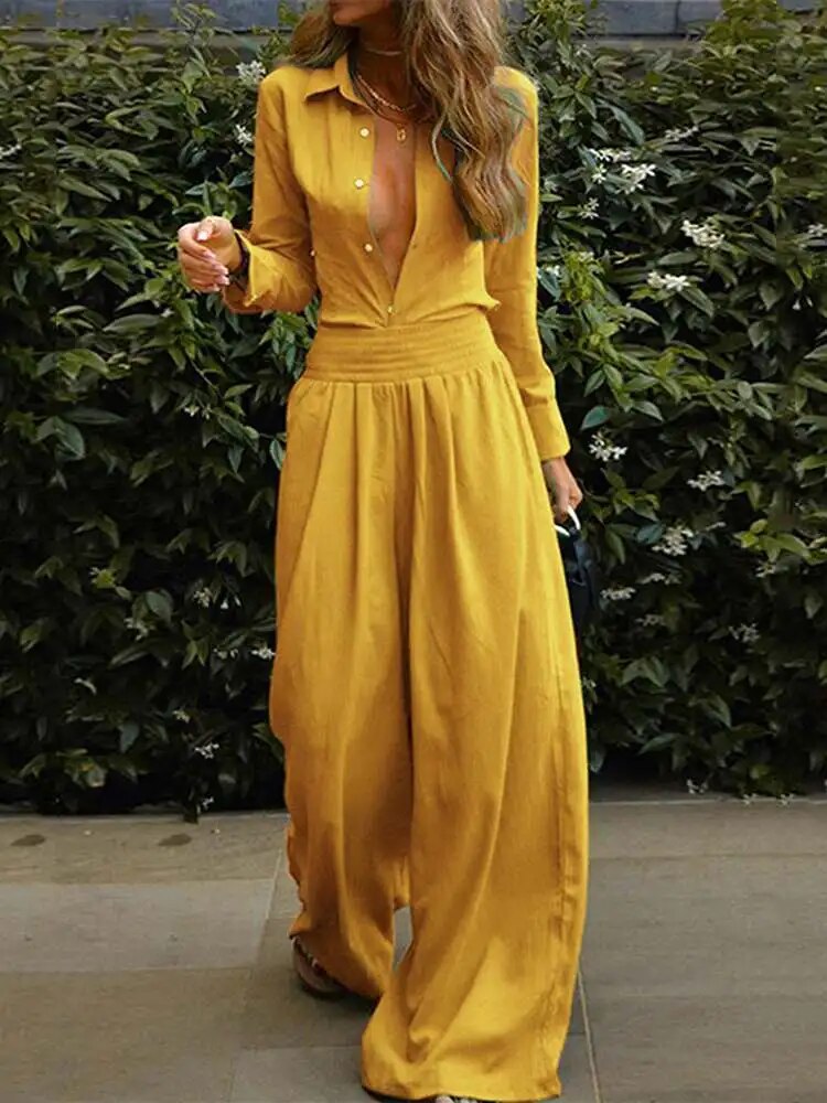 Women's Jumpsuit - Button-Down Shirt Style - V-Neck - Long Sleeve - Wide-Leg Elegant Fit