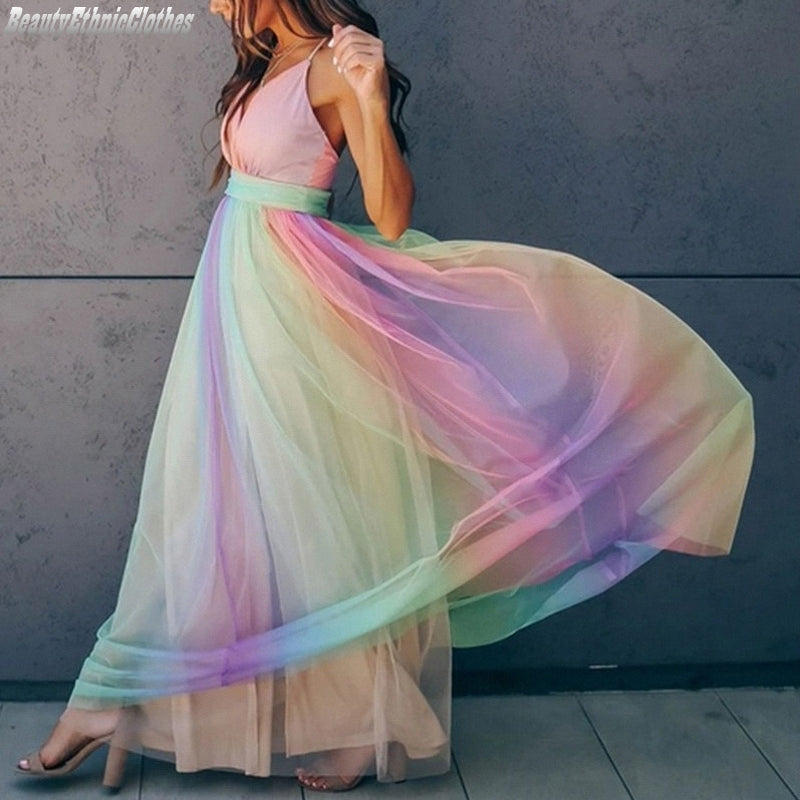 Women's Gradient Rainbow Halter Dress - Spaghetti Strap Party Gown