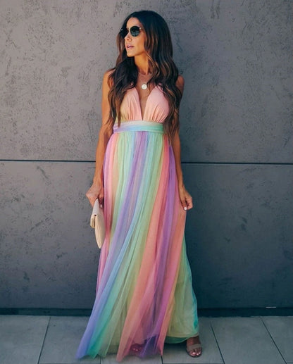 Women's Gradient Rainbow Halter Dress - Spaghetti Strap Party Gown