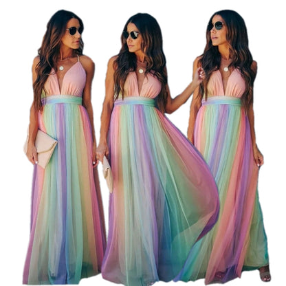 Women's Gradient Rainbow Halter Dress - Spaghetti Strap Party Gown