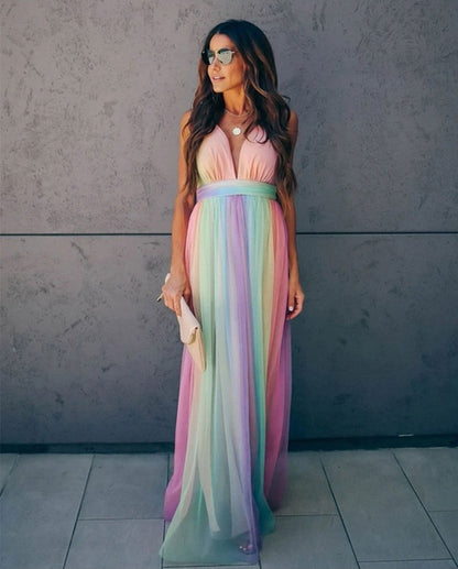 Women's Gradient Rainbow Halter Dress - Spaghetti Strap Party Gown