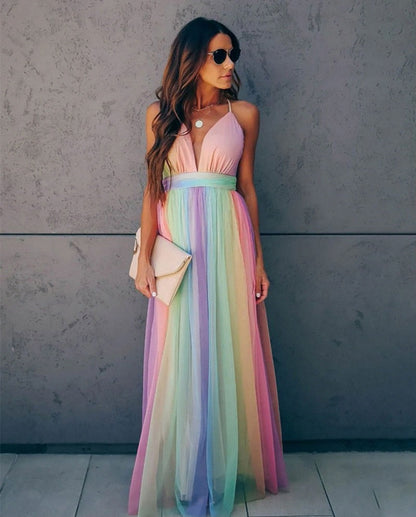 Women's Gradient Rainbow Halter Dress - Spaghetti Strap Party Gown