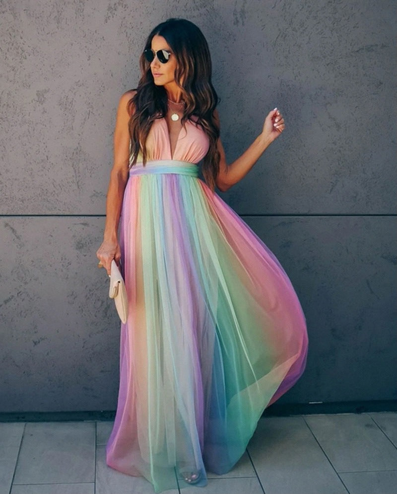 Women's Gradient Rainbow Halter Dress - Spaghetti Strap Party Gown