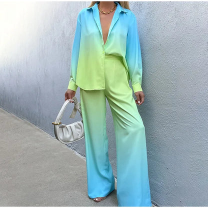 Women's Jumpsuit - Silky Satin Feel - Wide-Leg Fit - Button-Down Long Sleeve