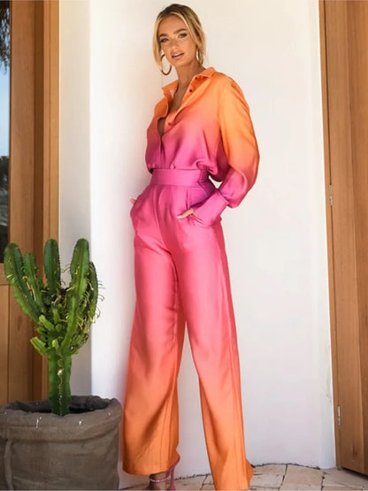 Women's Jumpsuit - Silky Satin Feel - Wide-Leg Fit - Button-Down Long Sleeve