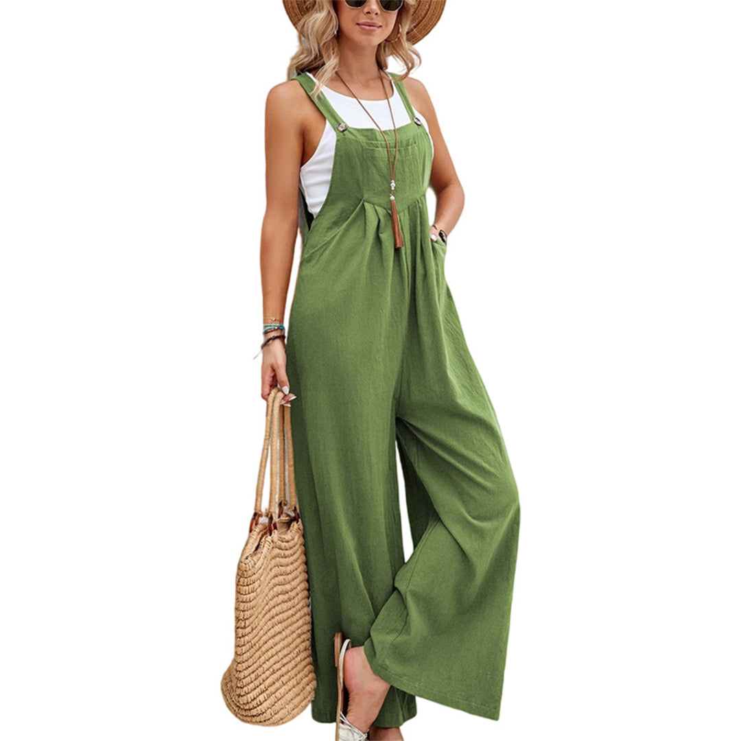 Women's Jumpsuit - Lightweight Linen Cotton - Sleeveless Wide-Leg - Adjustable Straps