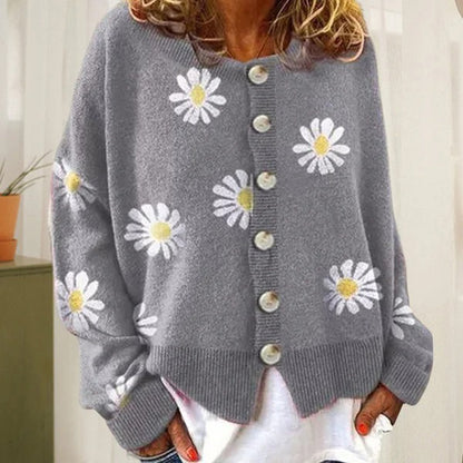 Women’s Knit Cardigan – Oversized Fit – Daisy Print – Button Down – Ribbed Trim