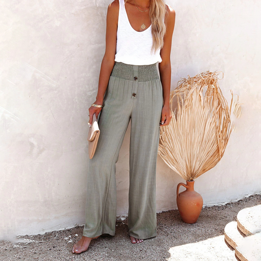 Women's High-Waisted Wide-Leg Trousers - Elastic Waist - Button Detail - Relaxed Fit