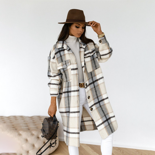 Women’s Long Coat – Wool Blend – Oversized Fit – Checkered – Button Front – Flap Pockets