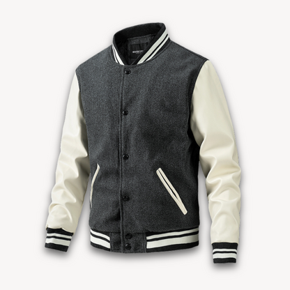 Men’s Varsity Jacket – Wool Blend Body – Faux Leather Sleeves – Classic Fit – Snap Front