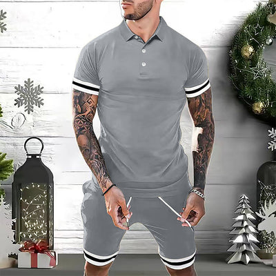 Men’s Polo Shirt and Shorts Set – Slim Fit – Breathable Blend – Sporty Stripe Detail
