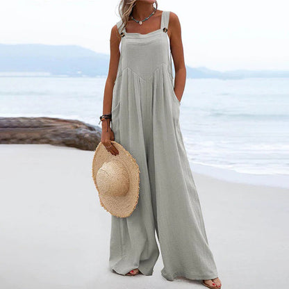 Women's Wide-Leg Jumpsuit - Sleeveless Loose Fit - Square Neck - Lightweight Cotton