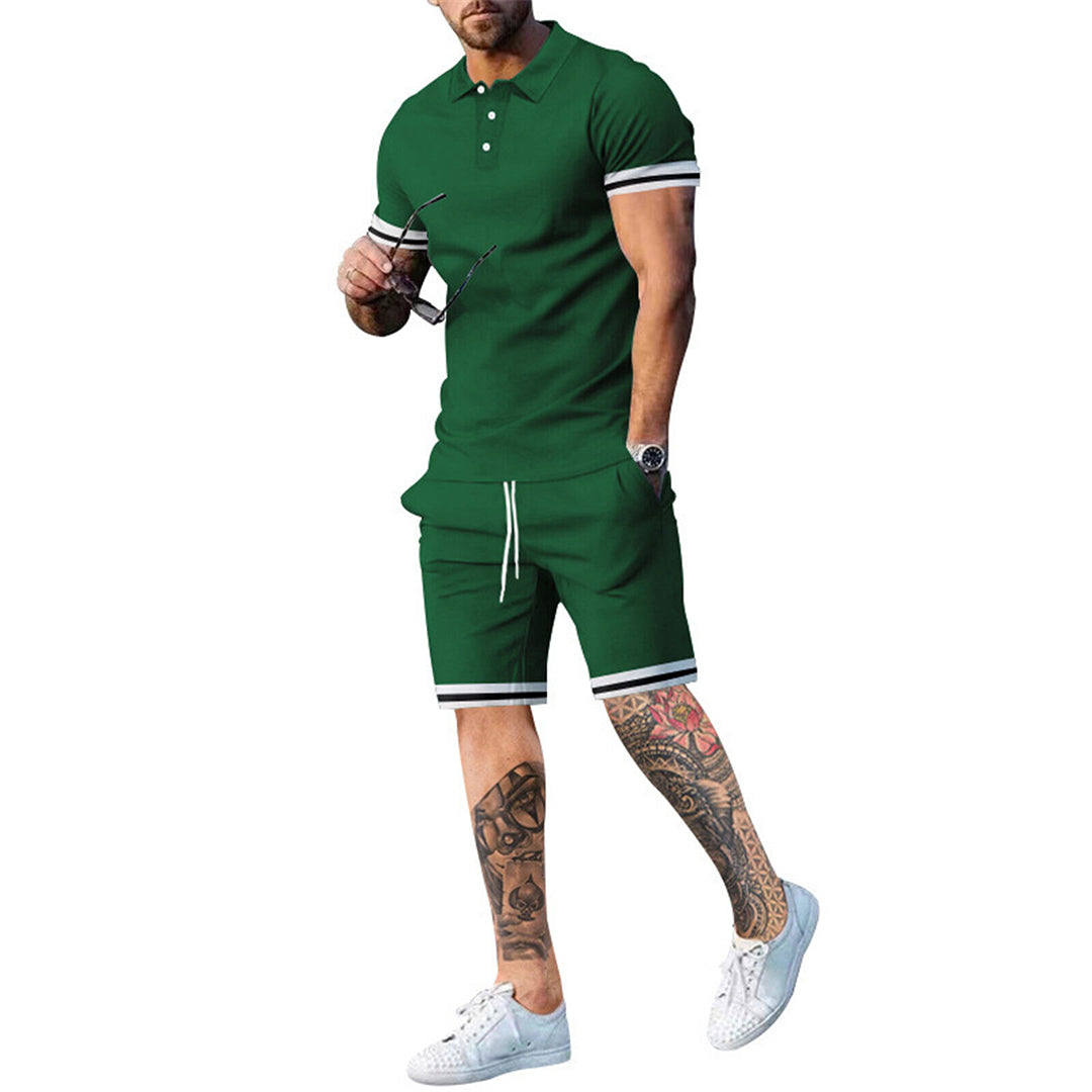 Men’s Polo Shirt and Shorts Set – Slim Fit – Breathable Blend – Sporty Stripe Detail