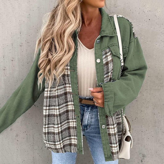 Women’s Casual Jacket – Relaxed Fit – Button Front – Patchwork Plaid Panels