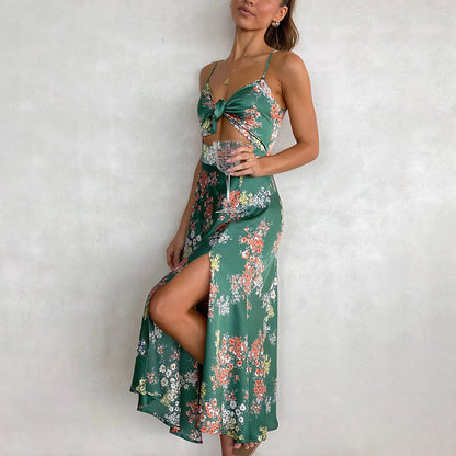 Women's Floral Midi Dress - Tie-Front Cut-Out - Spaghetti Straps - Flowy Elegant Fit