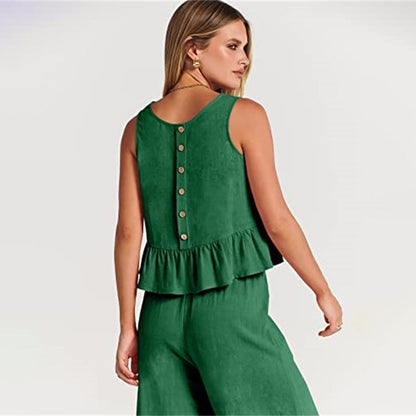 Women's sleeveless top with ruffles and wide-leg pants set