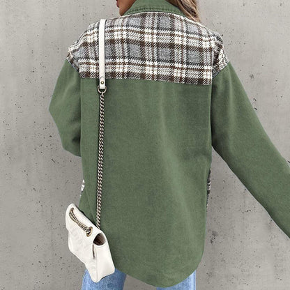 Women’s Casual Jacket – Relaxed Fit – Button Front – Patchwork Plaid Panels