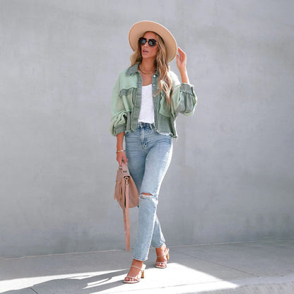 Women’s Jacket – Relaxed Fit – Waffle Knit Texture – Button Front – Cropped