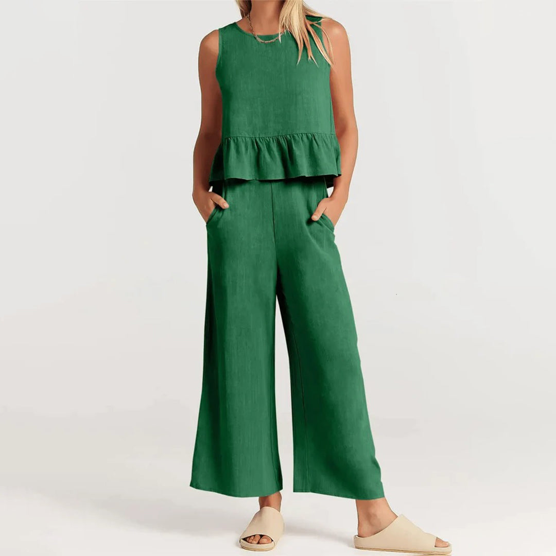 Women's sleeveless top with ruffles and wide-leg pants set