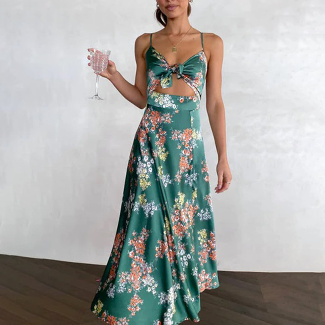 Women's Floral Midi Dress - Tie-Front Cut-Out - Spaghetti Straps - Flowy Elegant Fit