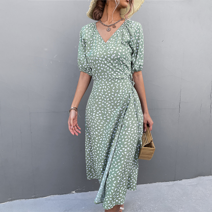 Women's Wrap Dress - Polka Dot Print - Midi Length - Puff Sleeve V-Neck Elegant Fit
