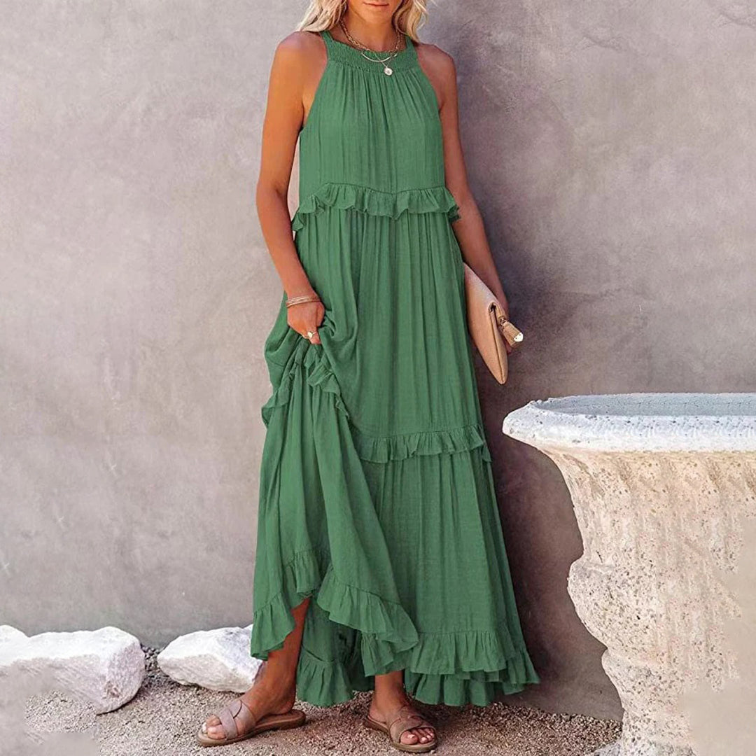 Women's Maxi Dress - Halter Neck - Sleeveless Flowing Fit - Tiered Ruffle Design