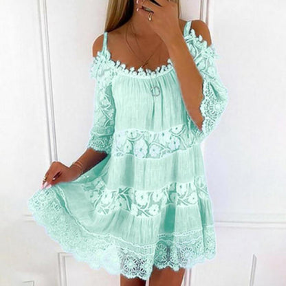 Women’s Off-Shoulder Mini Dress – Lace Detail – Flowy Fit – Breathable Blend – Tiered Layers