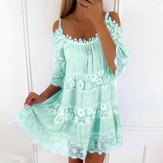 Women’s Off-Shoulder Mini Dress – Lace Detail – Flowy Fit – Breathable Blend – Tiered Layers