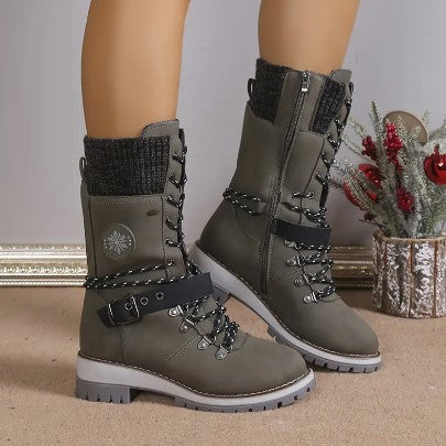 Women's High-Top Boots - Lace-Up & Zip - Knitted Cuff - Rugged Sole - Warm & Stylish