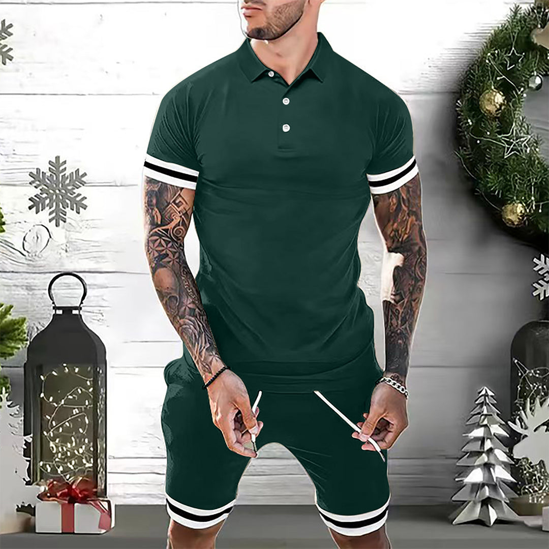 Men’s Polo Shirt and Shorts Set – Slim Fit – Breathable Blend – Sporty Stripe Detail