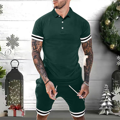 Men’s Polo Shirt and Shorts Set – Slim Fit – Breathable Blend – Sporty Stripe Detail